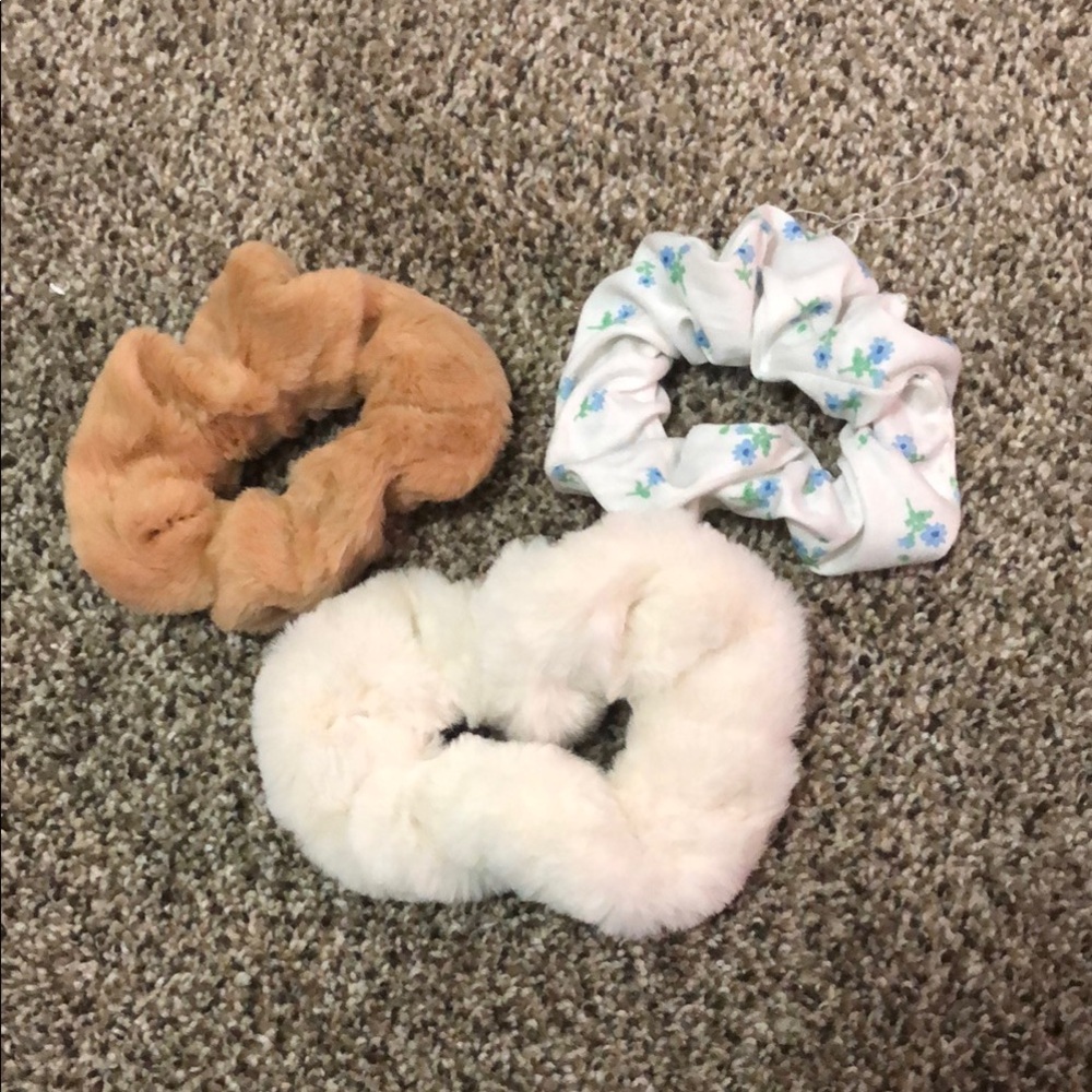 Chic Floral and Fuzzy Scrunchie Trio